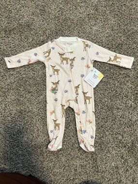 Burt’s Bees Baby Cream Floral Deer Organic Cotton Footed One‑Piece NWT 0-3M